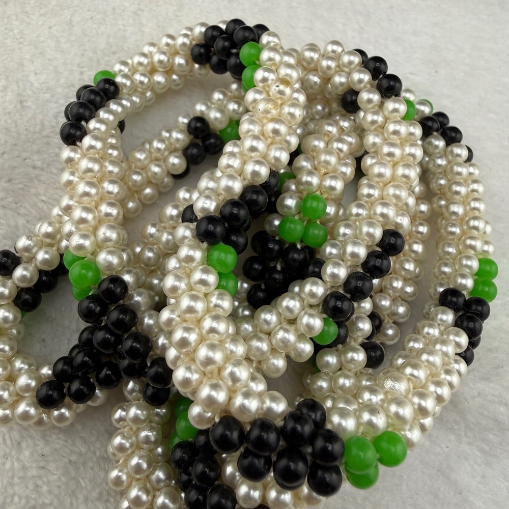 Vintage Woven Bead Necklace White Black Green Braided Cluster Plastic 30in READ
